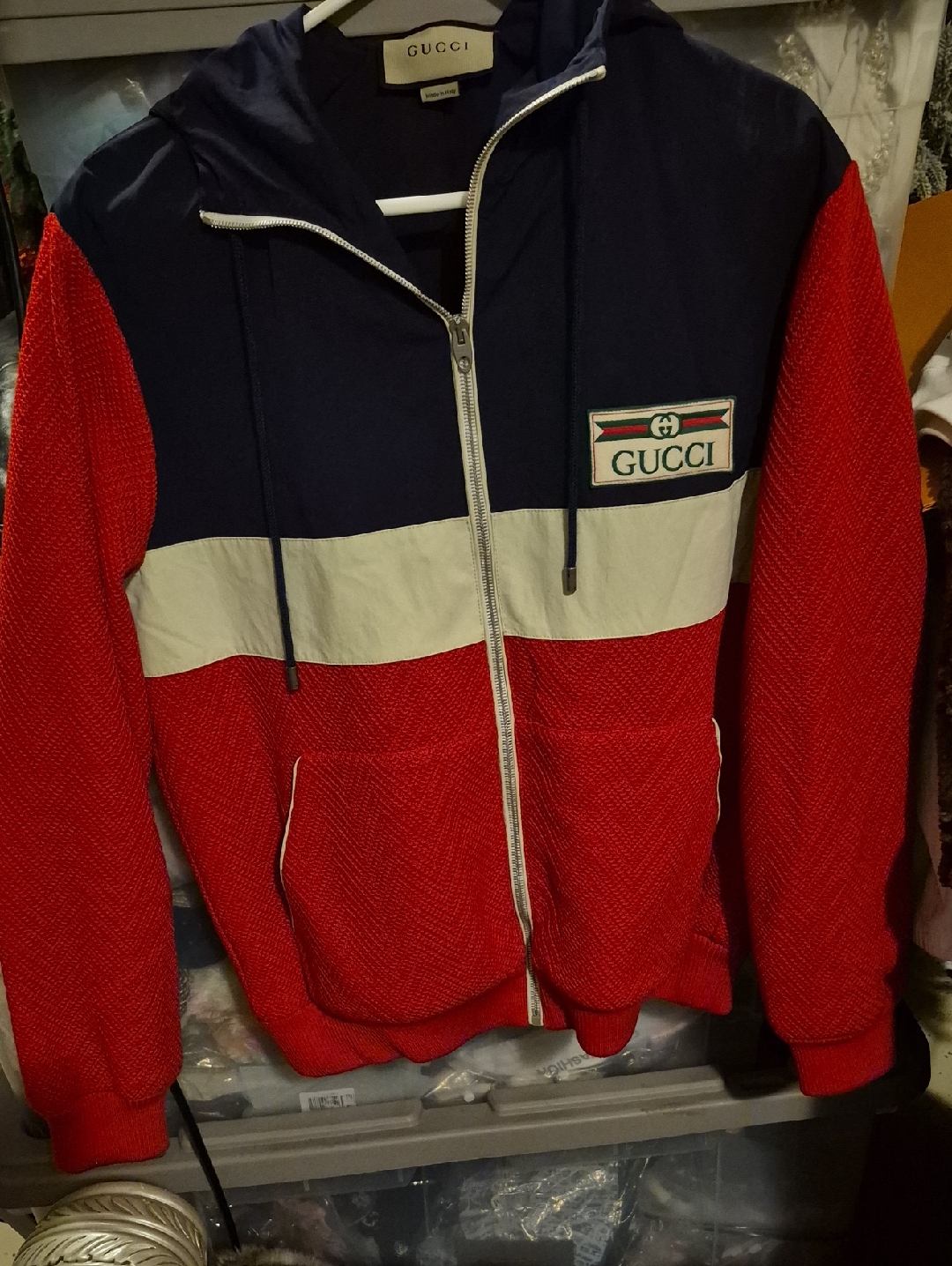 Gucci Red Navy White Colorblock Zip Windbreaker Hoodie